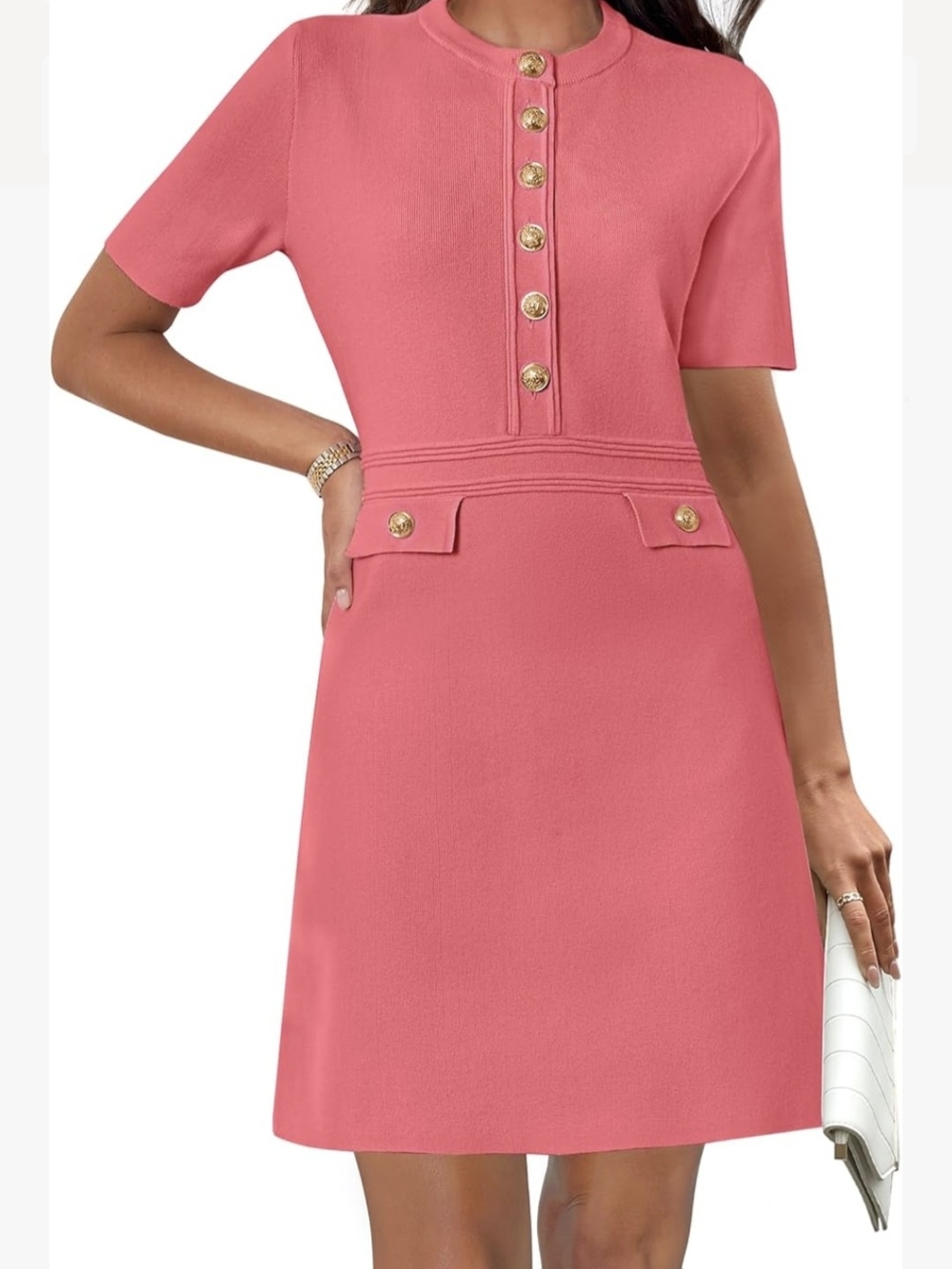 Pink Short-Sleeve A-Line Dress with Gold Buttons